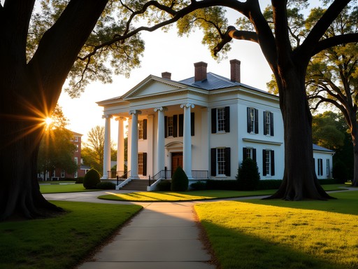 Belmont Plantation mansion exterior with white columns at sunset
