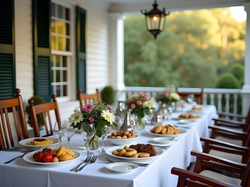 Elegant breakfast setting on the wraparound porch at Linden Bed & Breakfast