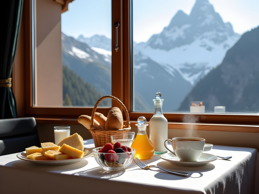 Breakfast table with mountain views at boutique hotel in Grindelwald