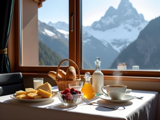 Breakfast table with mountain views at boutique hotel in Grindelwald