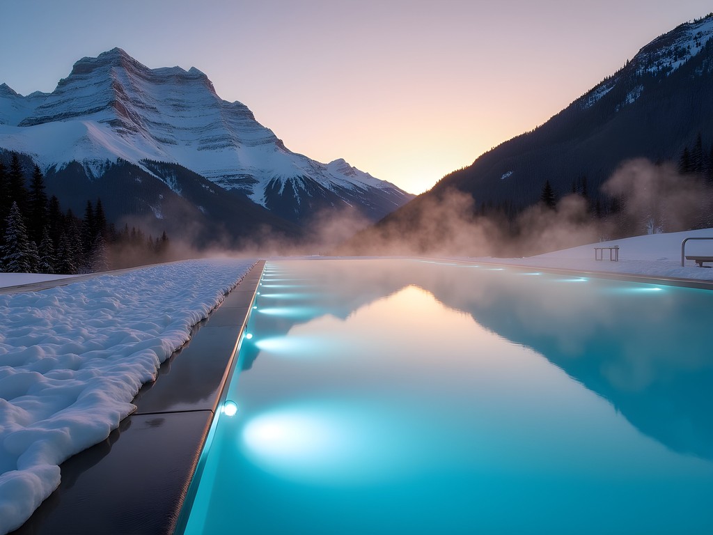 Outdoor spa pool with steam rising against backdrop of snow-covered Alps in Grindelwald