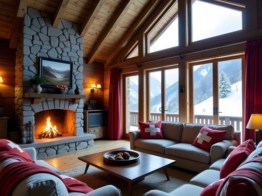Cozy interior of a traditional Swiss chalet in Grindelwald with fireplace and mountain views
