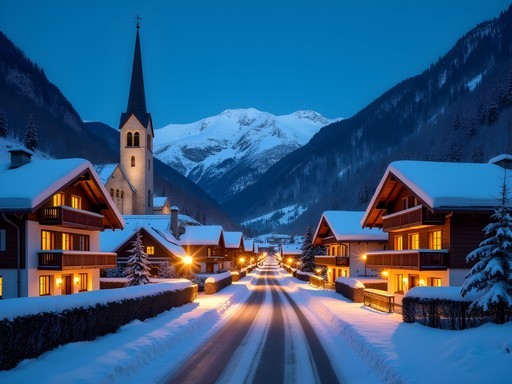Illuminated Grindelwald village at night with snow-covered chalets and mountain backdrop