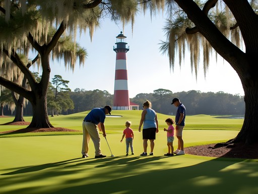 Family golf lesson at Harbour Town Golf Links with lighthouse in background