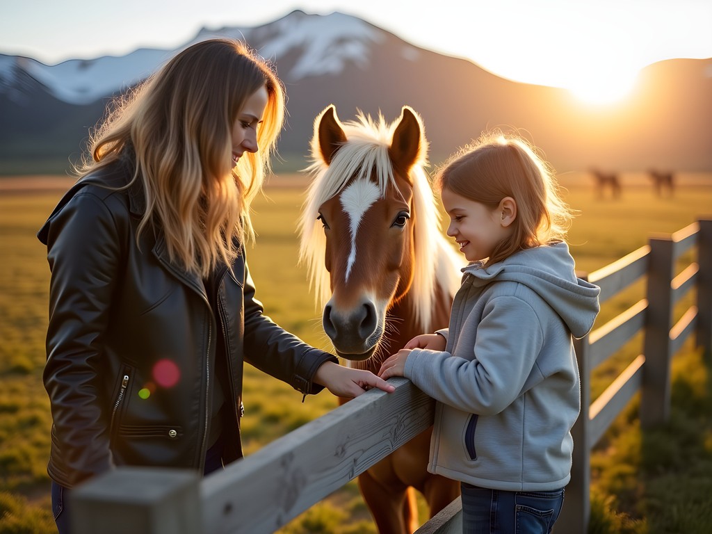 Mother and daughter feeding friendly Icelandic horses at a farmstay near Höfn
