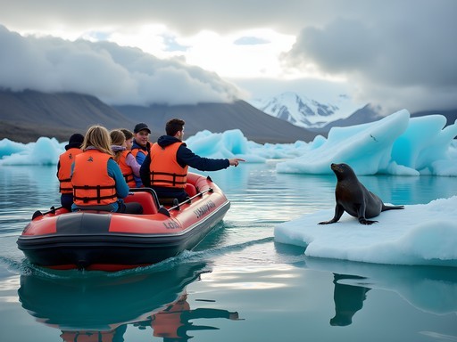 Family on amphibian boat tour of Jökulsárlón Glacier Lagoon with icebergs and seals