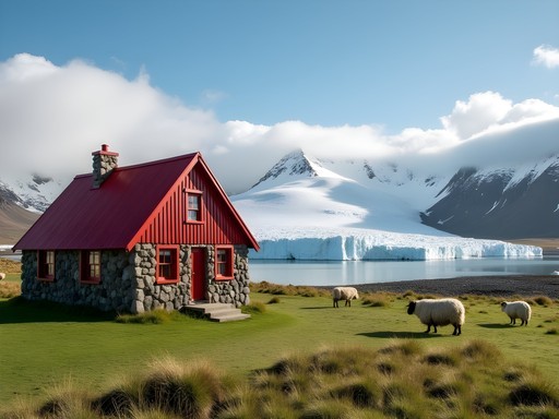 Traditional red-roofed Icelandic farm cottage with Vatnajökull glacier in background