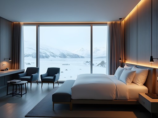 Modern luxury hotel room with panoramic windows framing Vatnajökull glacier view