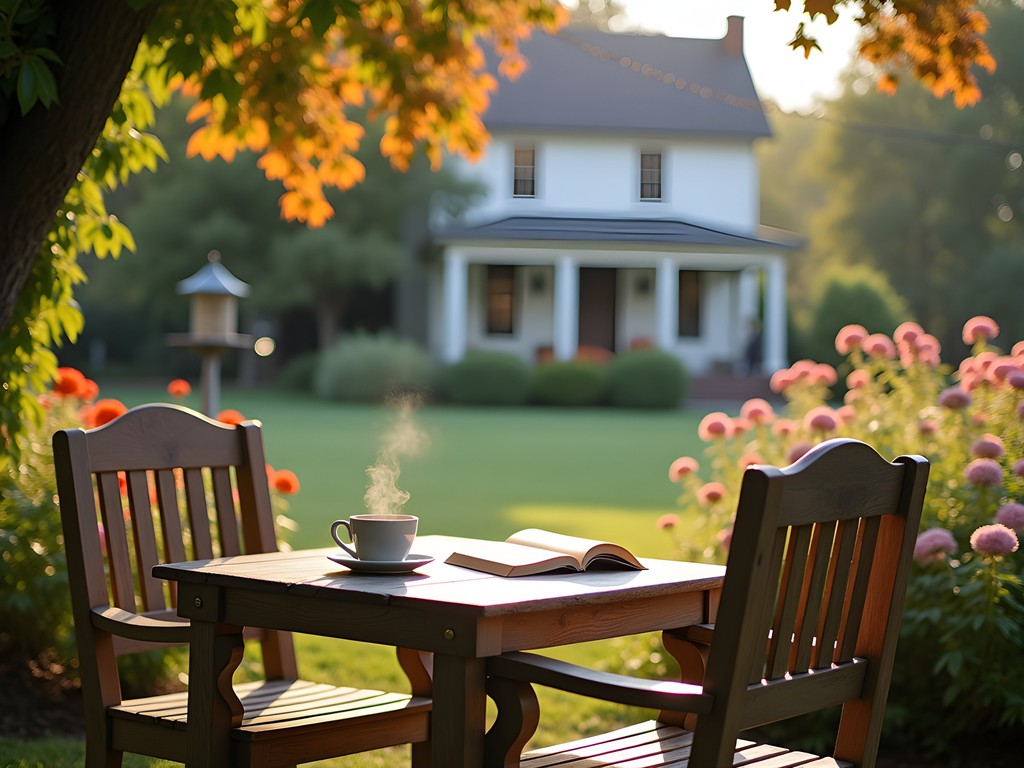 Peaceful garden at Millstone Cottage in morning light with coffee