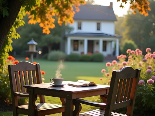 Peaceful garden at Millstone Cottage in morning light with coffee