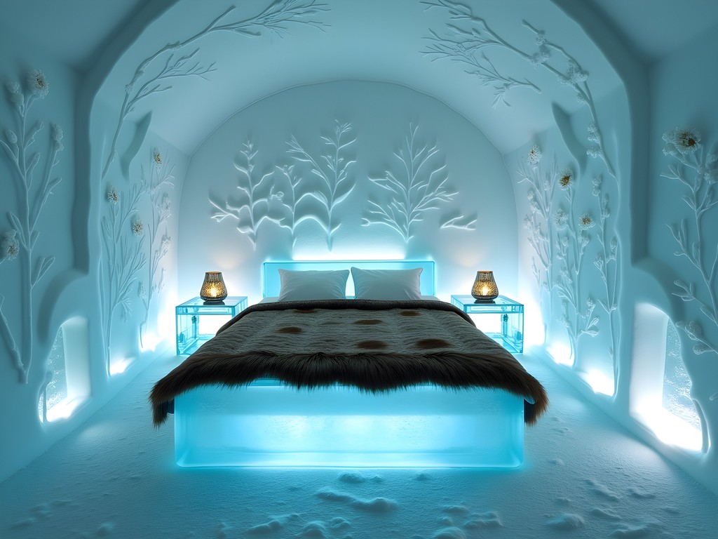 Intricately carved ice art suite with botanical-themed sculptures and ice bed platform