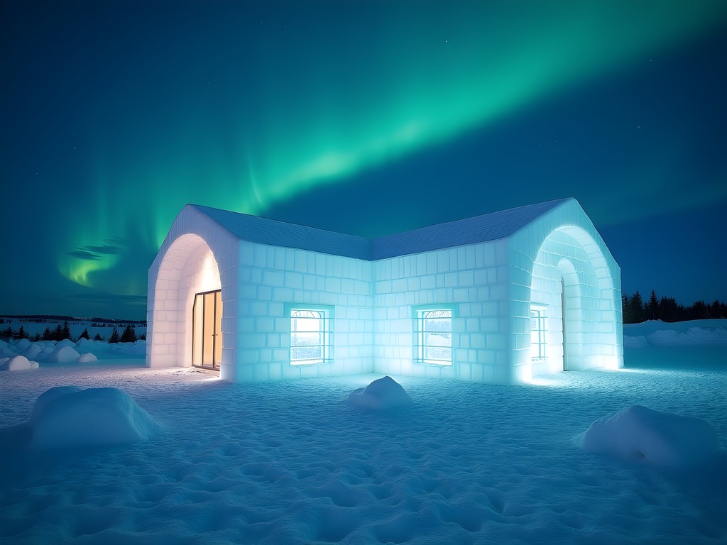 ICEHOTEL exterior at twilight with northern lights beginning to appear in the sky