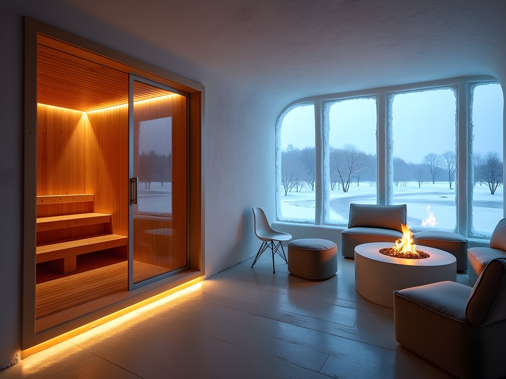 Warm wooden sauna and relaxation area with large windows overlooking snowy landscape