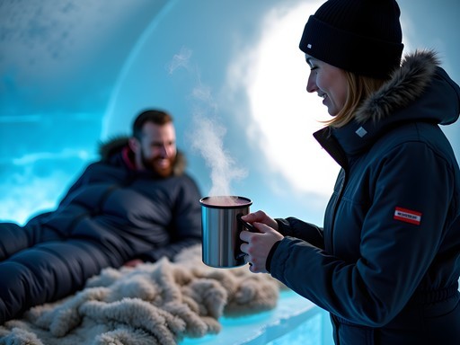 Staff member serving hot lingonberry juice to guest waking up in ice room