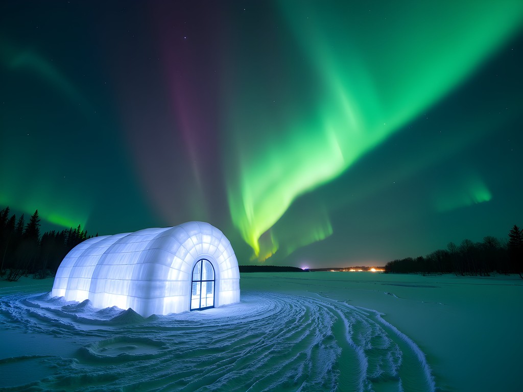 Vivid green and purple northern lights dancing above the ICEHOTEL and snow-covered landscape
