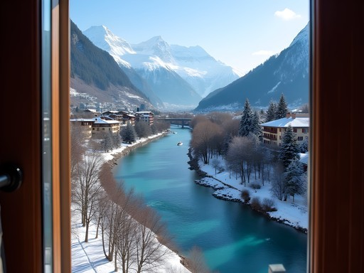 View from Lindner Grand Hotel Beau Rivage showing turquoise Aare River with snow-capped Alps in background