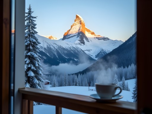 Sunrise view of Jungfrau mountain from balcony of Belvedere Swiss Quality Hotel in winter