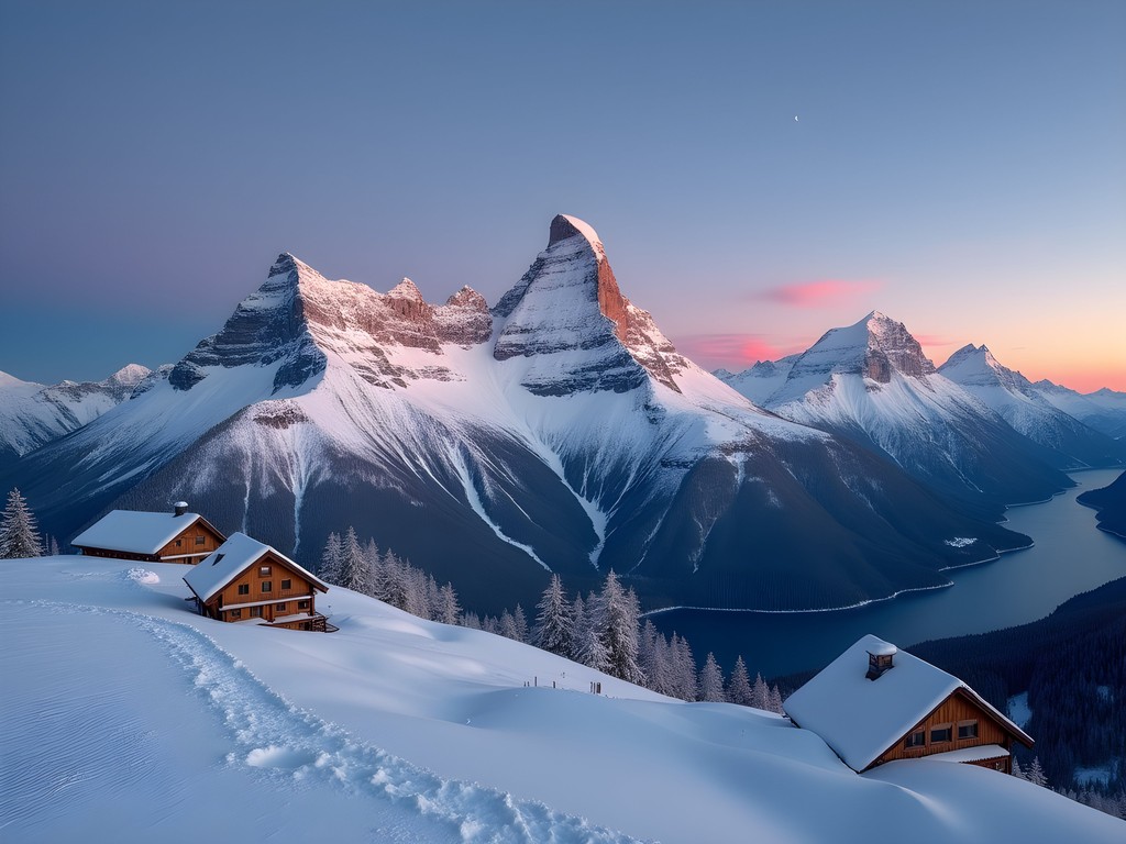 Sunset alpenglow on Eiger, Mönch and Jungfrau mountains viewed from Berghaus Männlichen in winter
