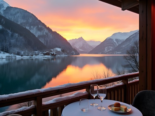Winter sunset over Lake Thun viewed from Boutique Hotel Bellevue balcony with mountains reflecting in water