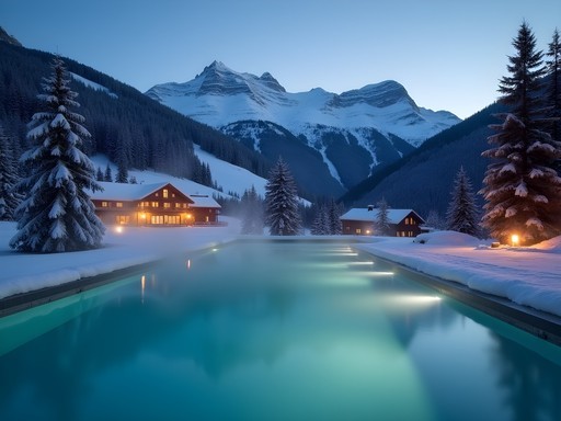 Heated outdoor infinity pool at The Cambrian hotel with panoramic views of snow-covered Swiss Alps