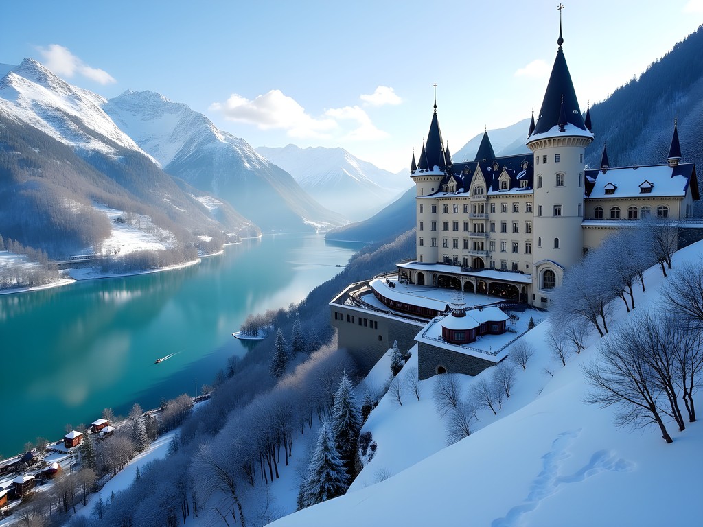 Historic Grandhotel Giessbach in winter with snow-covered grounds overlooking turquoise Lake Brienz