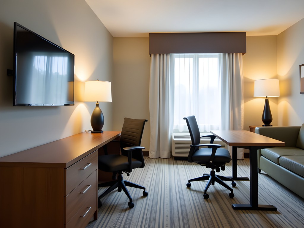 Modern extended-stay hotel suite with dedicated workspace and kitchen area in Iowa City