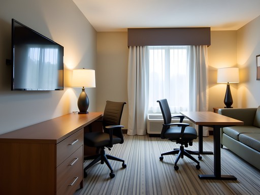 Modern extended-stay hotel suite with dedicated workspace and kitchen area in Iowa City