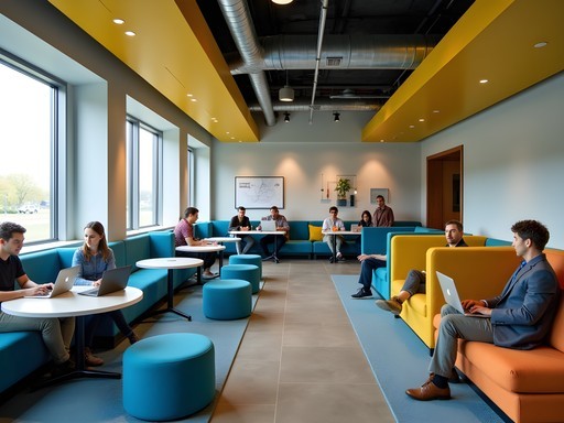 Modern budget hotel lobby with colorful collaborative workspace areas in Iowa City