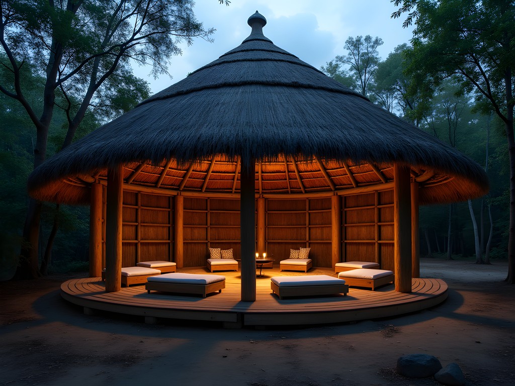 Traditional circular wooden maloca (ceremonial building) in the Amazon rainforest at dusk