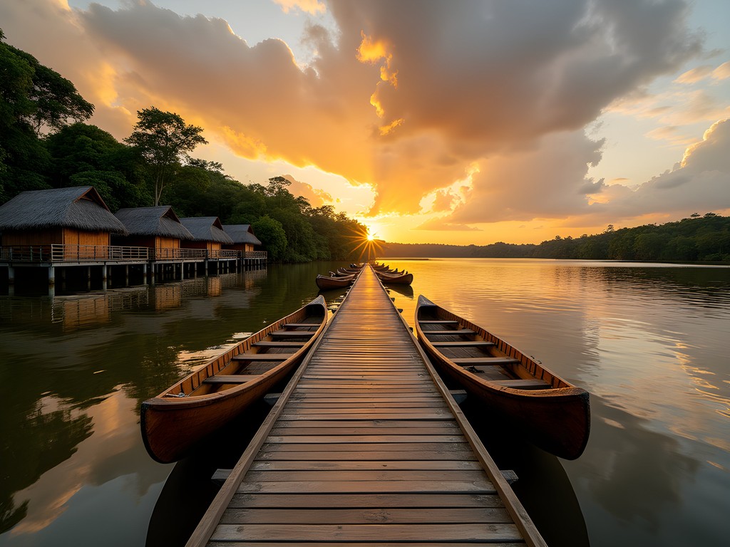 Wooden dock extending into an Amazon tributary at sunset with eco-lodge cabins visible among trees