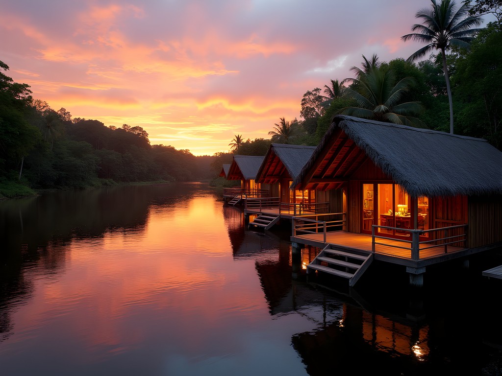 Wooden floating cabin on the Amazon River at sunset with reflection in the water