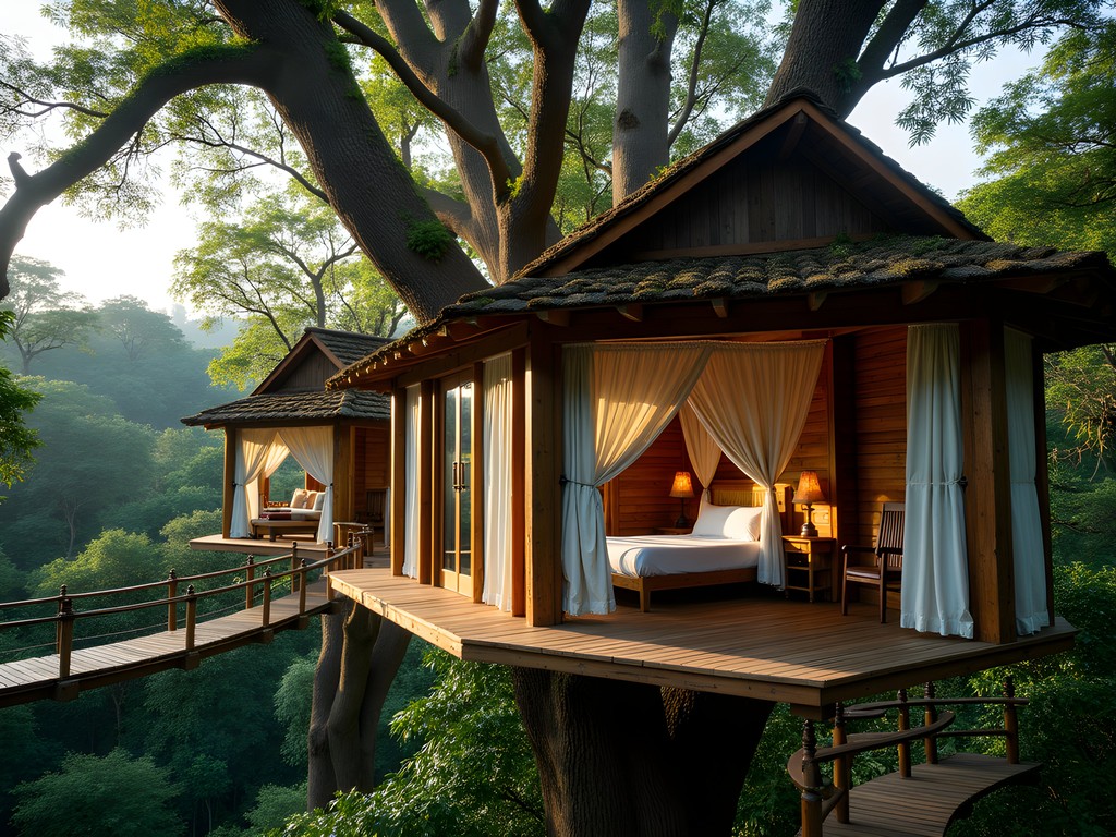 Elevated treehouse accommodation in the Amazon rainforest connected by suspension bridges