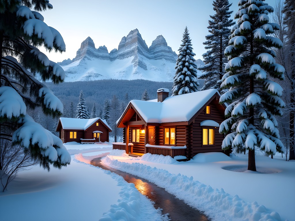 Snow-covered log cabin accommodations at Elk Country Inn with Teton mountains in background