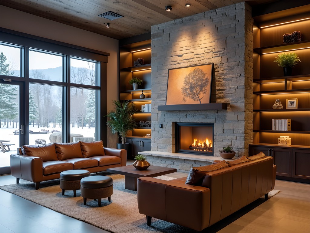 Hotel Jackson's modern rustic lobby with large stone fireplace and leather seating