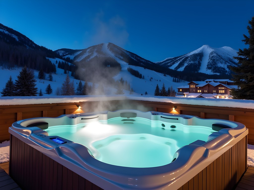 Rooftop hot tub at Teton Mountain Lodge with night view of illuminated ski slopes