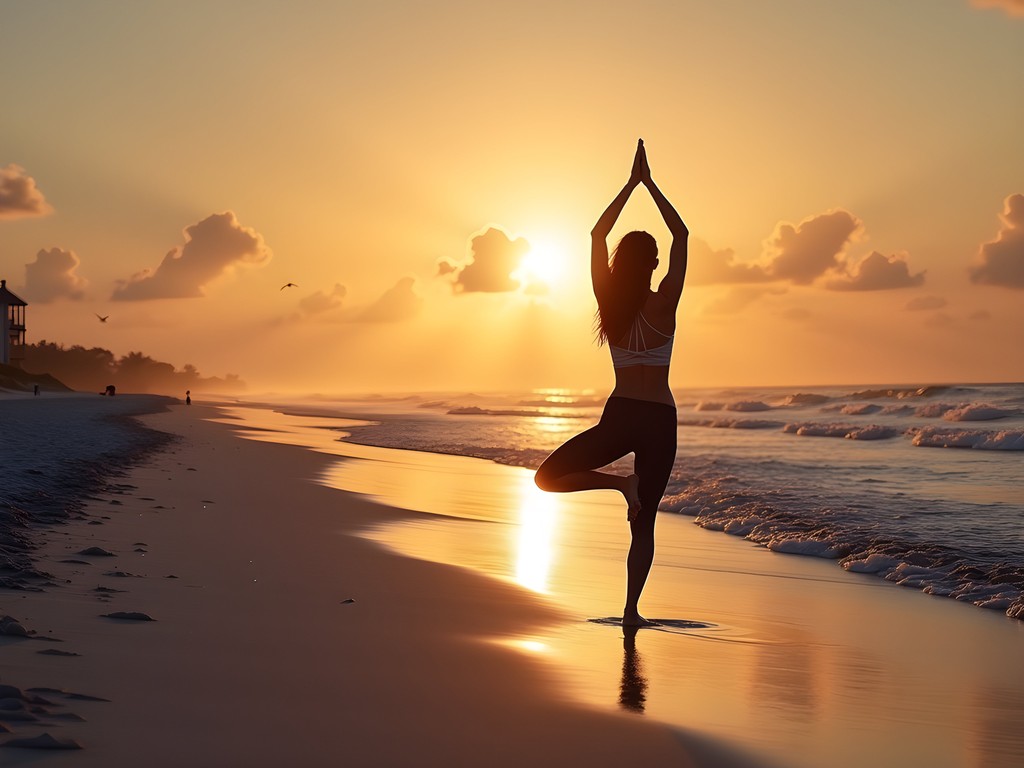Woman practicing yoga on Jacksonville Beach at sunrise with golden light