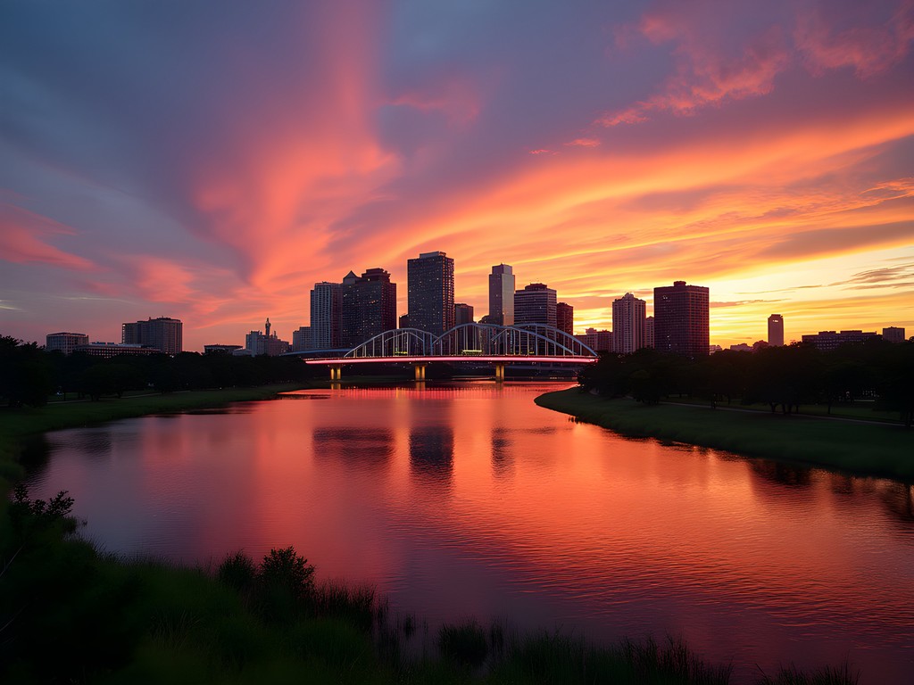 Sunset view of Jacksonville skyline from St. Johns River with illuminated bridges