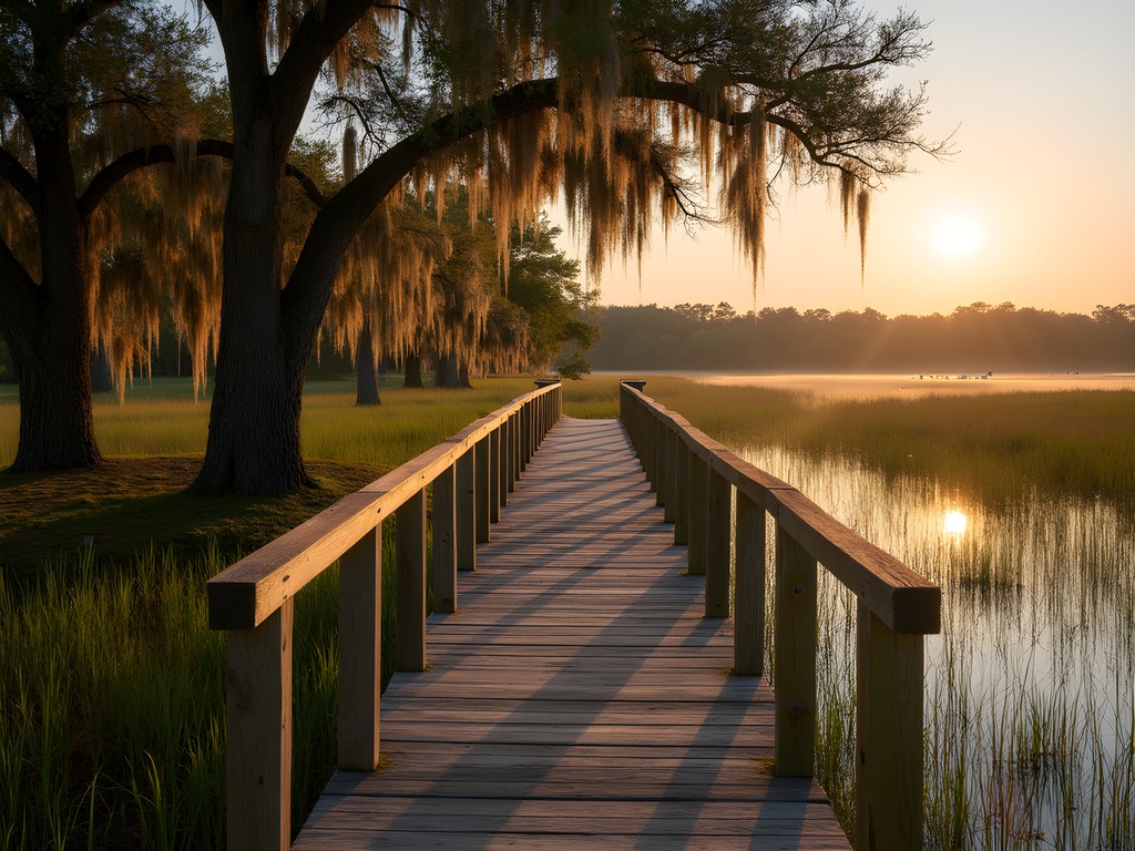 Wooden boardwalk through marshlands at Timucuan Ecological Preserve near Jacksonville