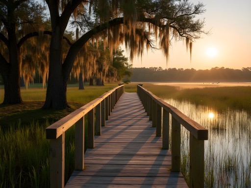 Wooden boardwalk through marshlands at Timucuan Ecological Preserve near Jacksonville
