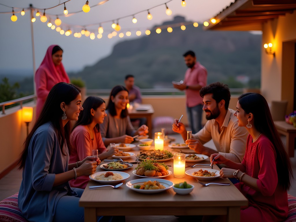 Family enjoying traditional Rajasthani dinner on a hotel rooftop in Jaipur
