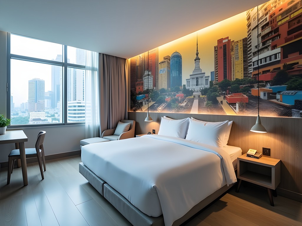 Boutique hotel room at Artotel Thamrin Jakarta featuring colorful wall mural and contemporary design