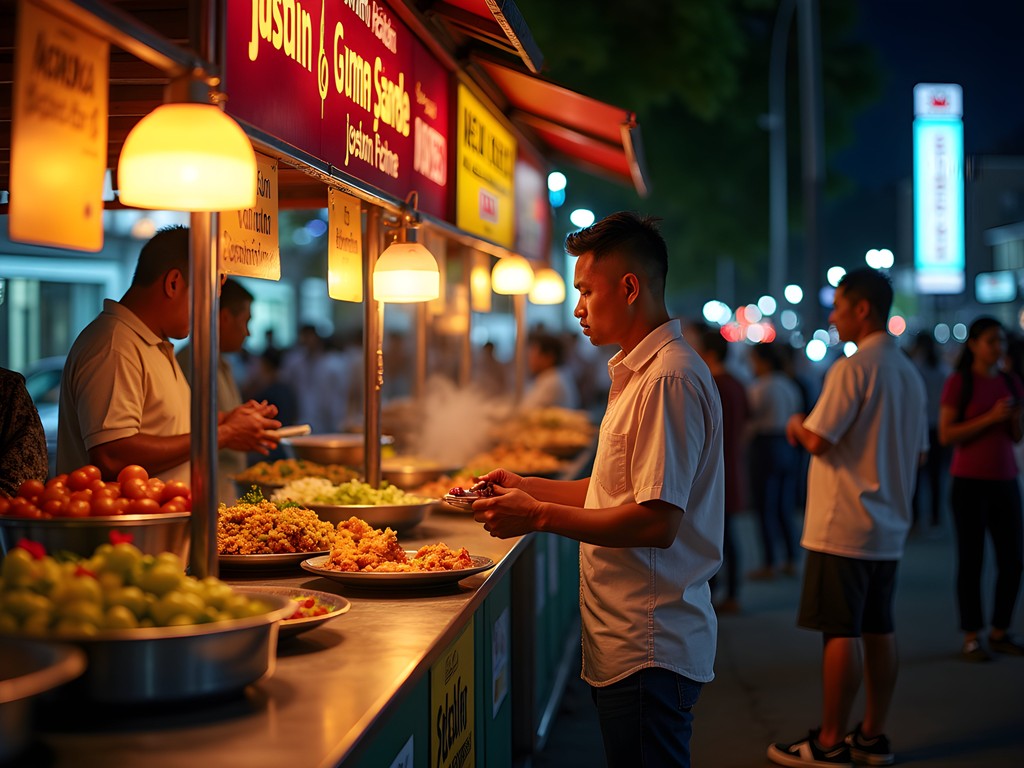Vibrant street food scene on Jalan Sabang near Mercure Jakarta hotel at night
