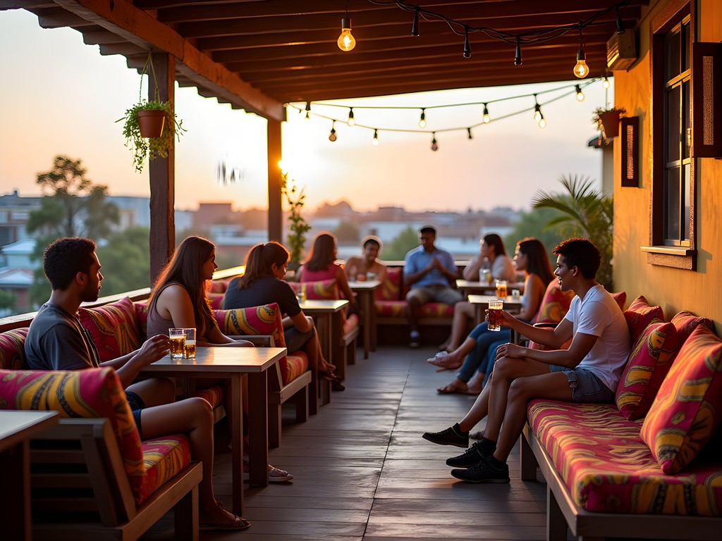 Rooftop lounge at Fat Cat Backpackers hostel in Kampala with city views