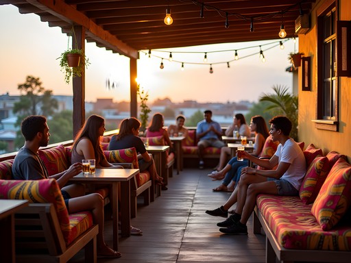 Rooftop lounge at Fat Cat Backpackers hostel in Kampala with city views