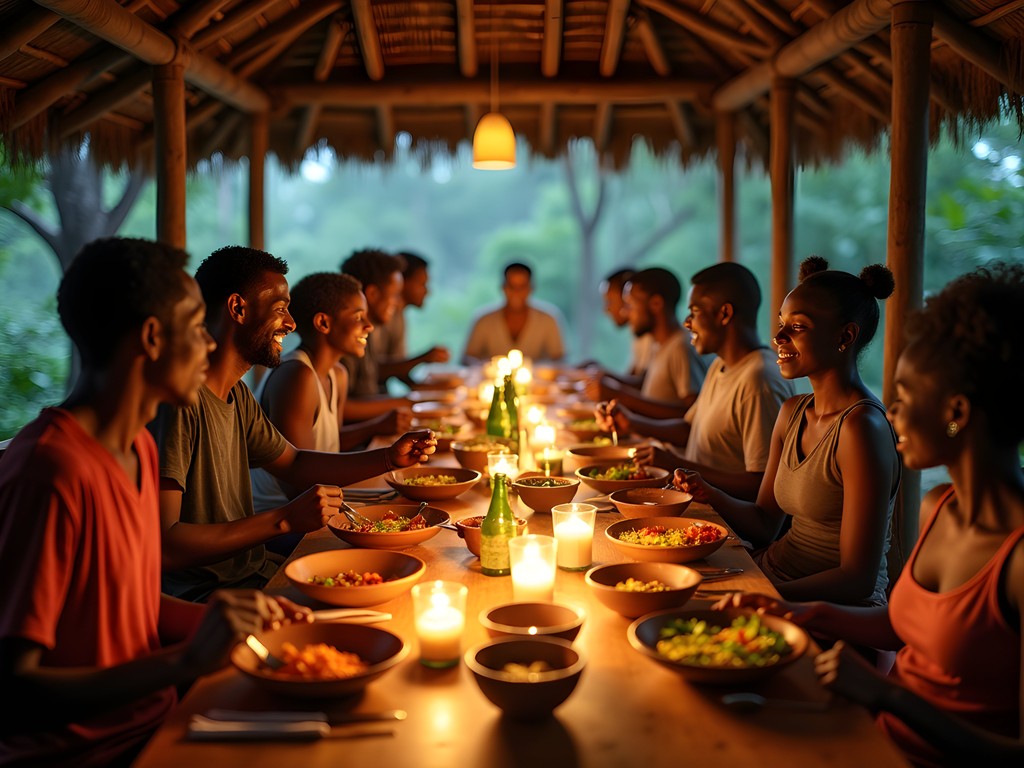 Community dinner at Mabira Forest Lodge with travelers and local staff sharing traditional Ugandan meal