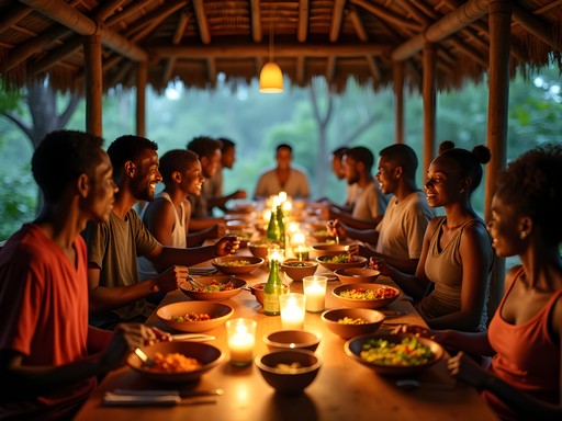 Community dinner at Mabira Forest Lodge with travelers and local staff sharing traditional Ugandan meal