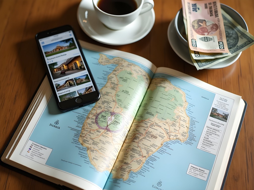 Travel planning for Uganda accommodations showing smartphone with booking apps and handwritten notes