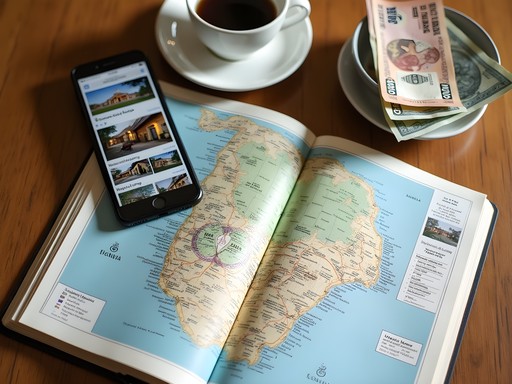 Travel planning for Uganda accommodations showing smartphone with booking apps and handwritten notes