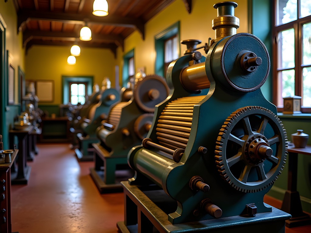 Woman examining historic tea processing machinery at Heritance Tea Factory Hotel