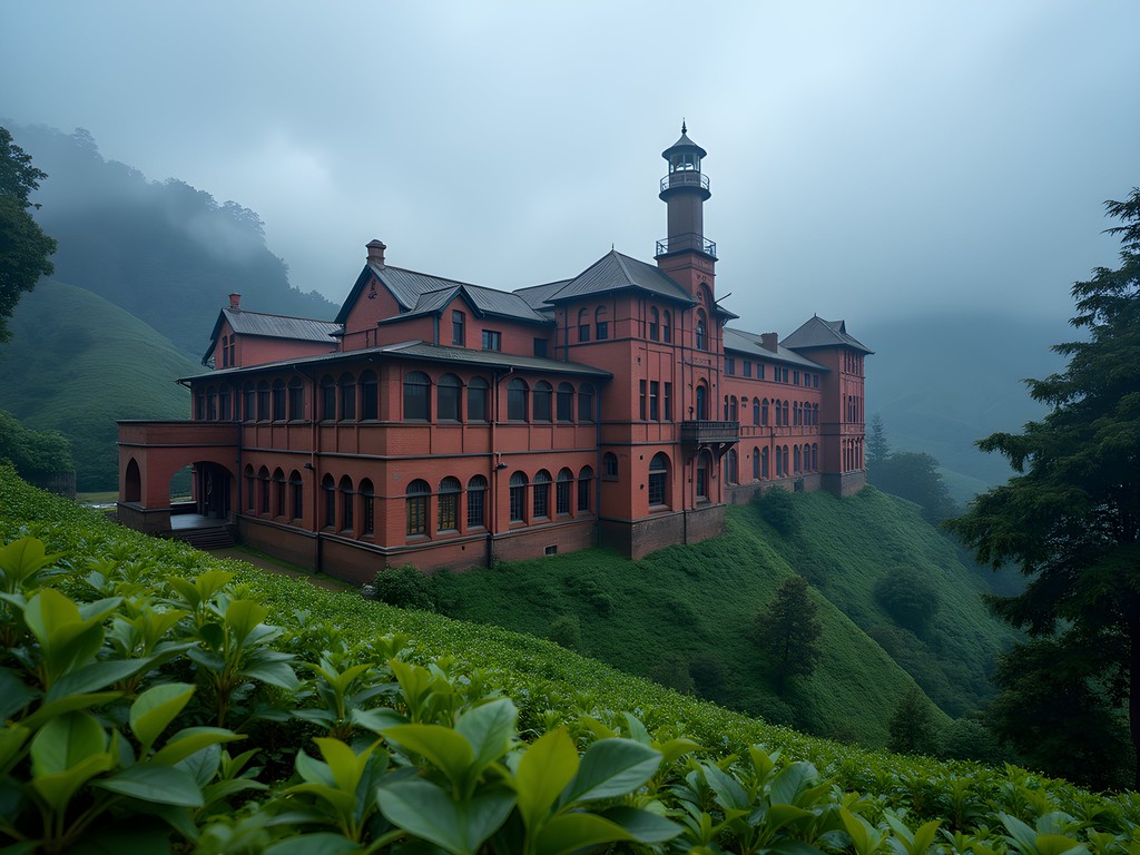 Historic Heritance Tea Factory hotel building surrounded by morning mist and tea plantations